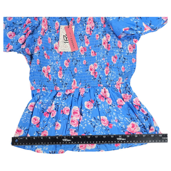 Andree Unit Wom Med NWT Blue Pink Floral Smocked Off Shoulder Short Sleeve Top - Picture 4 of 10